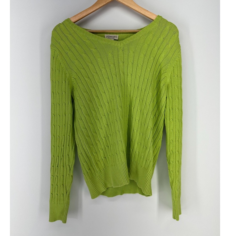 St. Johns Bay Sweater Womens L Lime Green Cable Knit V-Neck Pullover Long Sleeve